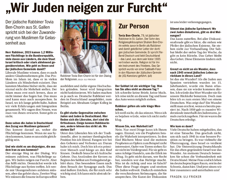 19. September 2016: Interview des Südkuriers mit "unserem" Rabbiner Tovia Ben-Chorin